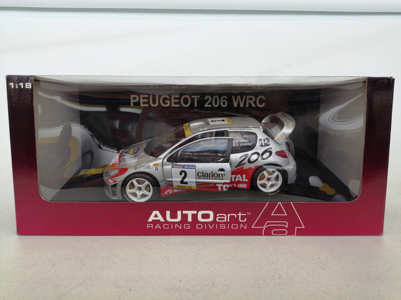 Laden Sie das Bild in Galerie -Viewer, AUTOart 1/18 PEUGEOT 206 WRC 2001 RALLY CATALUNYA #2 (Silver/Red)– Used
