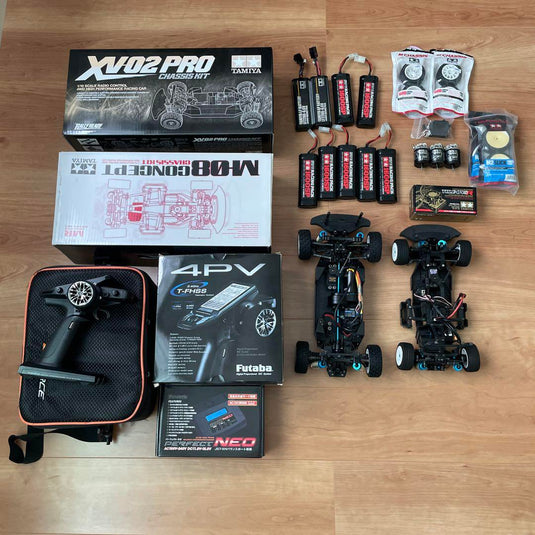 Used Tamiya M-08 & XV-02 RC Cars Set with Futaba 4PV Radio