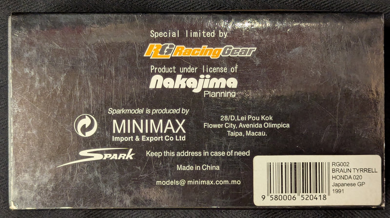 Laden Sie das Bild in Galerie -Viewer, Spark Model 1/43 Braun Tyrrell Honda 020 Japanese GP 1991 Epson #3 RG002 - Used
