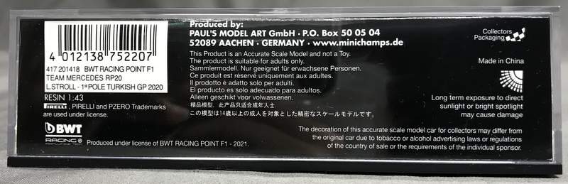 Carica immagine in Galleria Viewer, Minichamps 1/43 BWT Racing Point F1 Team Mercedes RP20 Lance Stroll Turkish GP - Used
