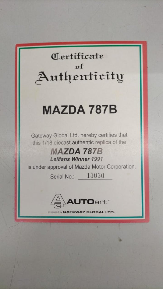 AUTOART Mazda 787B Le Mans 1991 Winner 1/18 Scale Car– Used