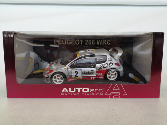 AUTOart 1/18 PEUGEOT 206 WRC 2001 RALLY CATALUNYA #2 (Silver/Red)– Used