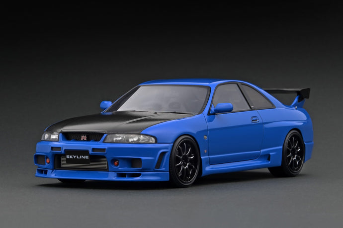 Modelo de encendido 1/18 Nissan Skyline GT-R (BCNR33) Azul con ruedas CE28N de 18 pulgadas (Negro) IG2780