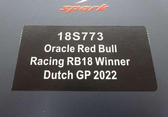SPARK 2022 F1 Dutch GP Red Bull RB18 NO.1 Oracle 1/18 Scale Model Car– Used
