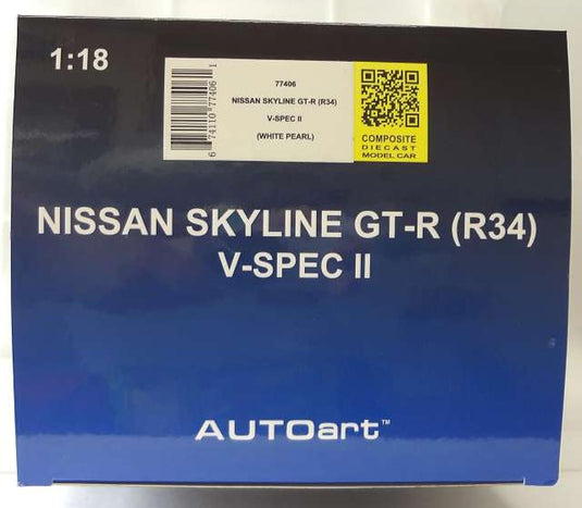 AUTOart 1/18 Nissan Skyline GT-R R34 V-spec II (White Pearl) Scale Car– Used
