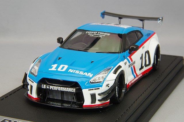 Ignition Model 1/43 LB-WORKS Nissan GT-R R35 Type 2 White/Blue w/ LD97 LD-10 Type 20-inch Wheels (Black) IG2555