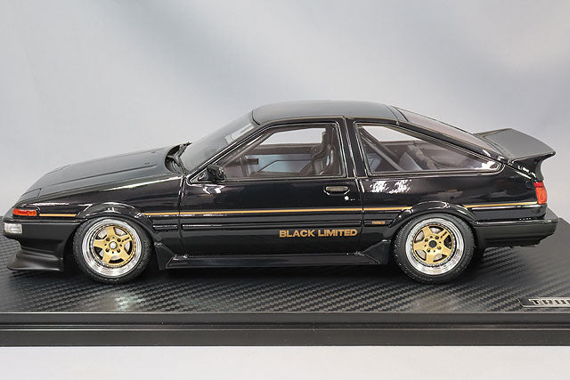 Chargez l&#39;image dans la visionneuse de la galerie, Ignition Model 1/18 Toyota Sprinter Trueno (AE86) 3-Door GT Apex Black Limited w/ Work Meister CR01 Type 15-inch Wheels (Polished &amp; Gold) IG3490
