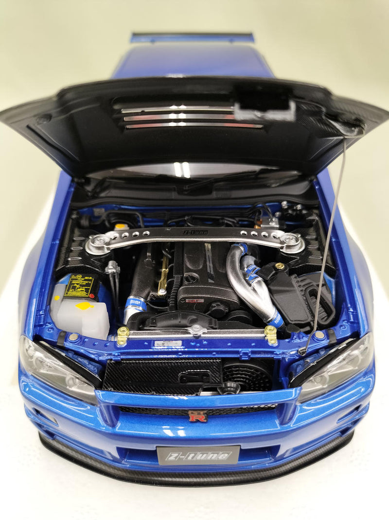 Cargue la imagen en el visor de la galería, AUTOart Bayside Blue w/ Carbon Hood NISMO R34 GT-R Z-TUNE 1/18 Scale Car– Used
