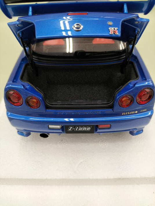 AUTOart Bayside Blue w/ Carbon Hood NISMO R34 GT-R Z-TUNE 1/18 Scale Car– Used