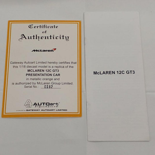 AUTOart McLaren 12C GT3 1/18 Scale Model Car– Used