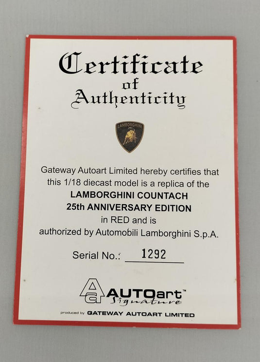 AUTOart 1/18 Lamborghini Countach 25th Anniversary (Red) Scale Car– Used