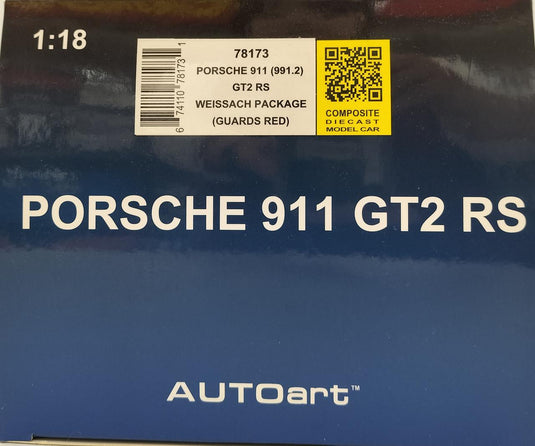 AUTOart [78173] 1/18 Porsche 911 (991.2) GT2 RS Weissach Package Scale Car– Used