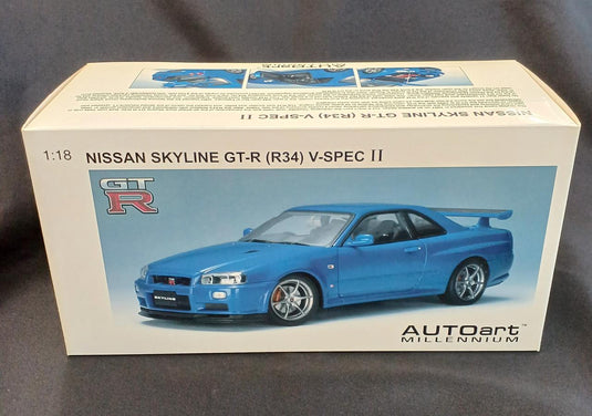 AUTOart 77335 SKYLINE GT-R R34 V-SPEC II UPGRADED 1/18 Scale Model Car– Used