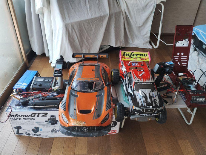 Used Kyosho Inferno GT2 Race Spec and Inferno 4WD RC Car Set with Transmitters
