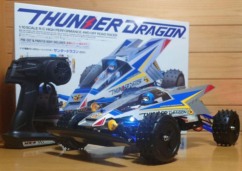 Chargez l&#39;image dans la visionneuse de la galerie, Used Tamiya Thunder Dragon 2021 Assembled RC Car Full Set with LED &amp; Sanwa Radio
