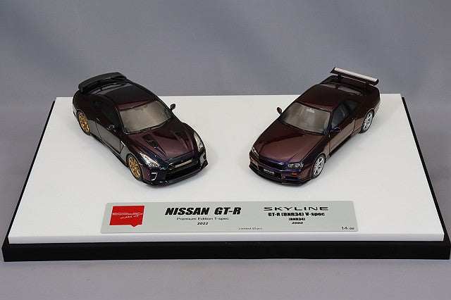 Cargue la imagen en el visor de la galería, EIDOLON 1/43 Nissan GT-R Premium Edition T-spec 2022 Midnight Purple &amp; Skyline GT-R (BNR34) Vspec Special Limited Car 2000 Midnight Purple 3 2 Car Set
