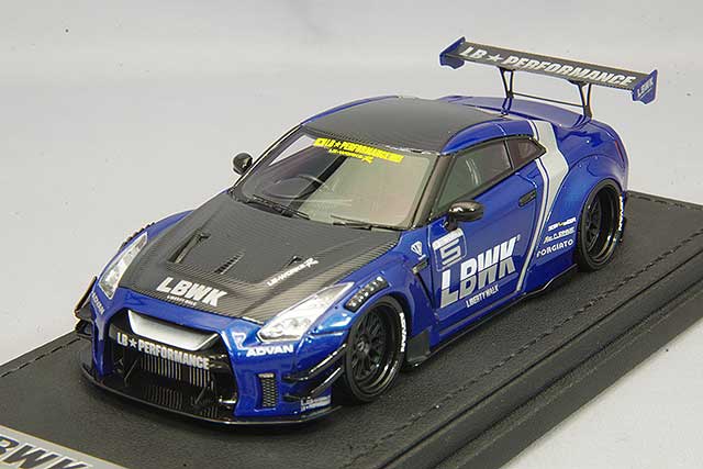 modèle d'allumage 1/43 LB-WORKS Nissan GT-R R35 Type 2 Bleu avec capot en carbone et roues LD97LD-12 de 20 pouces (noir mat) IG2551