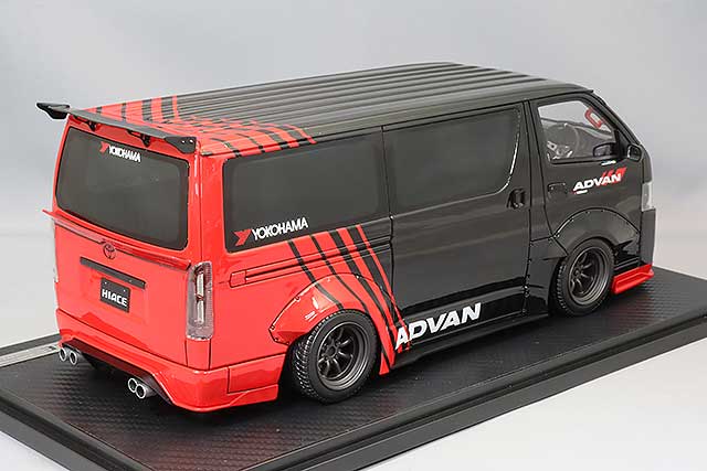 Chargez l&#39;image dans la visionneuse de la galerie, modèle d&#39;allumage 1/18 TSD Works Hiace Noir/Rouge avec roues ADVAN RS Watanabe 16 pouces GunmetalIG2805
