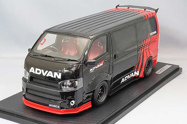 Cargue la imagen en el visor de la galería, Modelo de encendido 1/18 TSD Works Hiace Negro/Rojo con ruedas ADVAN RS Watanabe de 16 pulgadas GunmetalIG2805
