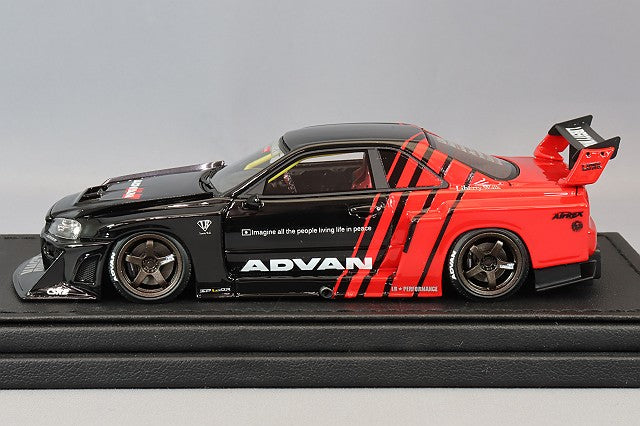 Chargez l&#39;image dans la visionneuse de la galerie, modèle d&#39;allumage 1/43 LB-ER34 Super Silhouette Skyline &quot;Advan&quot; Noir/Rouge avec roues ADVAN GT 18 pouces (Bronze) IG2850
