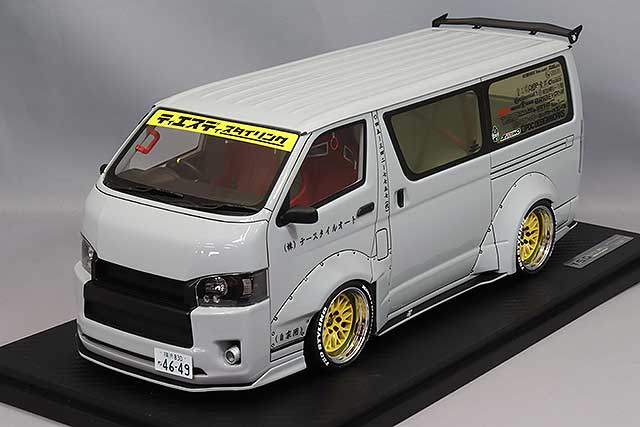 Load image into Gallery viewer, ignition model 1/18 T.S.D Works Hiace Grey with T.S.D X-Three 19-inch Mesh Wheels (Polish &amp; Yellow)IG3120
