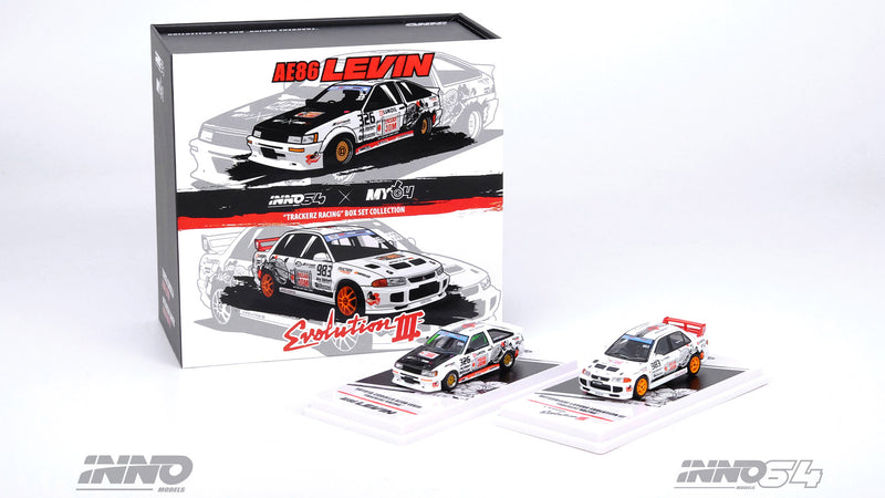 Laden Sie das Bild in Galerie -Viewer, INNO Models 1/64 Toyota Corolla AE86 Levin &quot;TRACKERS RACING&quot; &amp; Mitsubishi Lancer Evo III &quot;TRACKERZ RACING&quot; Box Set
