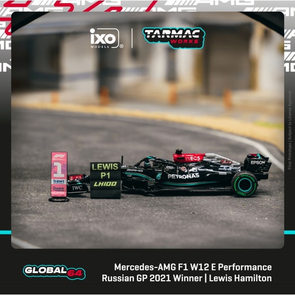 Load image into Gallery viewer, TARMAC WORKS T64G-F037-LH3 1/64 Mercedes AMG F1 W12 E Performance Russian Grand Prix 2021 Winner 100th Win  Diecast
